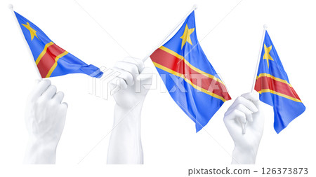 Hand holding flag of Democratic Republic of the Congo. Isolated 3d Rendering 126373873