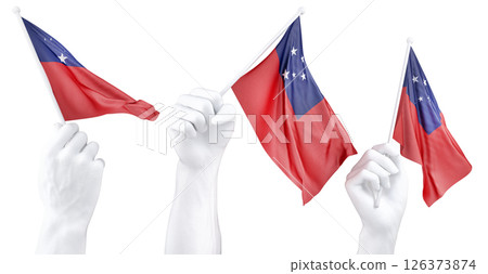 Hand holding flag of Samoa. Isolated 3d Rendering 126373874