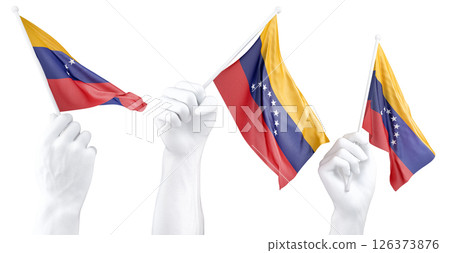 Hand holding flag of Venezuela. Isolated 3d Rendering Hand holding flag of Venezuela. Isolated 3d Rendering 126373876