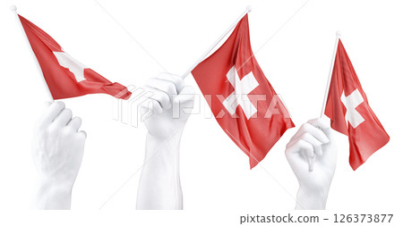 Hand holding flag of Switzerland. Isolated 3d Rendering Hand holding flag of Switzerland. Isolated 3d Rendering 126373877