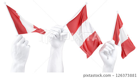 Hand holding flag of Peru. Isolated 3d Rendering Hand holding flag of Peru. Isolated 3d Rendering 126373881