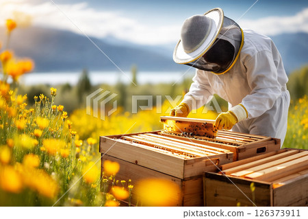 Beekeeper tending to hives in a vibrant flower field under a clear sky during golden hour. 126373911