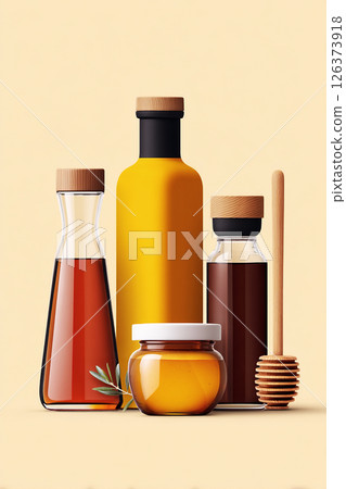 Assortment of natural kitchen ingredients displayed in elegant glass containers on a neutral background 126373918