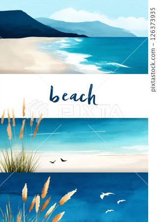 Vibrant beach landscape showcasing serene waters, golden sand, and lush coastal vegetation with birds flying above. Vibrant beach landscape showcasing serene waters, golden sand, and lush coastal vegetation with birds flying above. 126373935