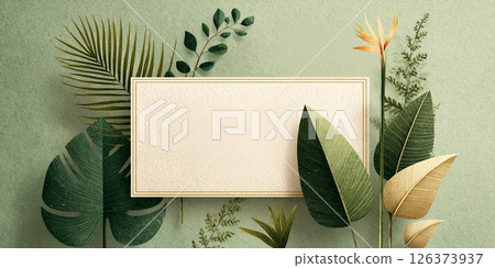 Botanical design featuring various green leaves and a blank frame suitable for invitations or announcements. Botanical design featuring various green leaves and a blank frame suitable for invitations or announcements. 126373937