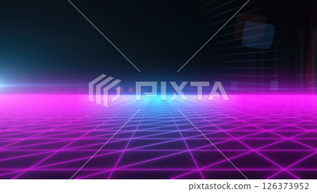 A glowing pink digital grid leading to a distant futuristic cityscape, with a cyberpunk aesthetic 126373952
