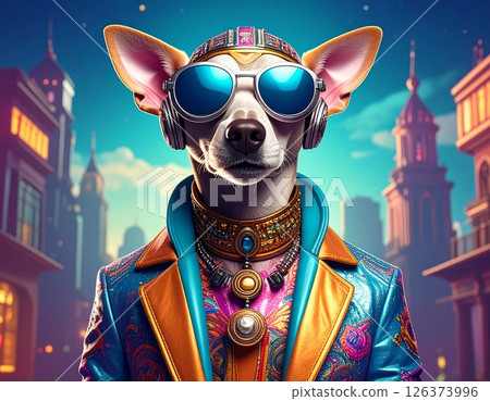 Dog wearing ornaments and sunglasses 126373996
