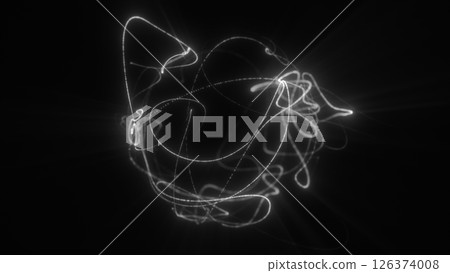 Elegant black and white abstract sphere of light trails, depicting dynamic energy and futuristic motion in darkness Elegant black and white abstract sphere of light trails, depicting dynamic energy and futuristic motion in darkness 126374008