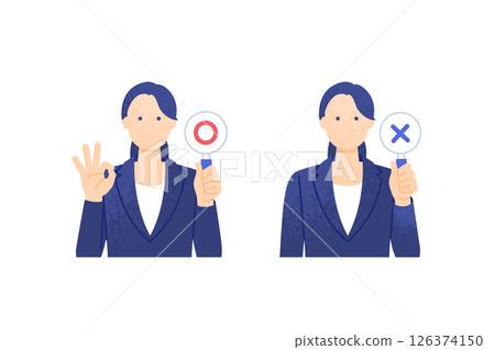 A business woman in a suit holding up a circle and a cross sign Vector illustration of a working woman A business woman in a suit holding up a circle and a cross sign Vector illustration of a working woman 126374150