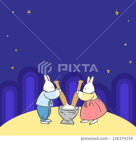 A Chuseok illustration with a full moon and a rabbit making rice cake 126374154