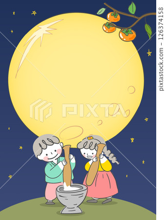 Chuseok illustration with children making rice cakes on a night with a full moon 126374158