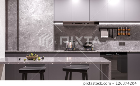 The kitchen elements are seen under cool white lighting, emphasizing a clean, crisp, and highly functional aesthetic. The kitchen elements are seen under cool white lighting, emphasizing a clean, crisp, and highly functional aesthetic. 126374204