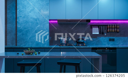 The kitchen elements is transformed by vibrant, colored lighting 126374205