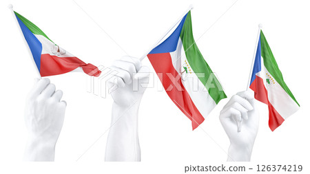 Hand holding flag of Equatorial Guinea. Isolated 3d Rendering 126374219