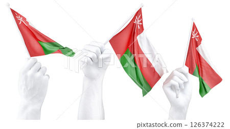 Hand holding flag of Oman. Isolated 3d Rendering Hand holding flag of Oman. Isolated 3d Rendering 126374222