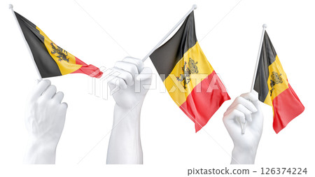 Hand holding flag of Belgium with Coat of arms. Isolated 3d Rendering 126374224