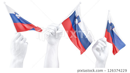 Hand holding flag of Slovenia. Isolated 3d Rendering 126374229