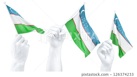 Hand holding flag of Uzbekistan. Isolated 3d Rendering Hand holding flag of Uzbekistan. Isolated 3d Rendering 126374233