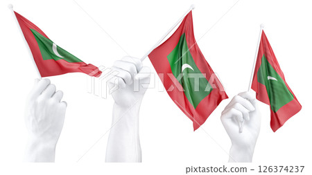 Hand holding flag of Maldives. Isolated 3d Rendering 126374237
