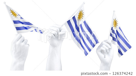 Hand holding flag of Uruguay. Isolated 3d Rendering Hand holding flag of Uruguay. Isolated 3d Rendering 126374242