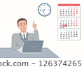 Businessman sits at his desk with laptop and gesture of good idea. 126374265