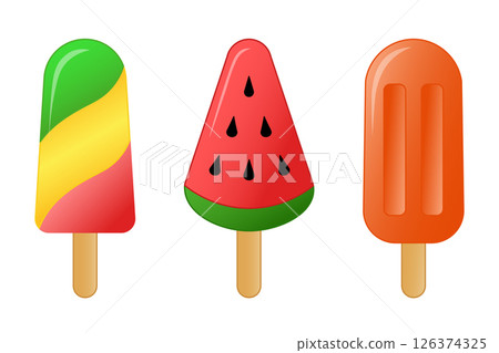 Set of colorful ice cream with watermelon and fruit flavors, isolated on a transparent background. Bright vector illustration of a summer dessert 126374325
