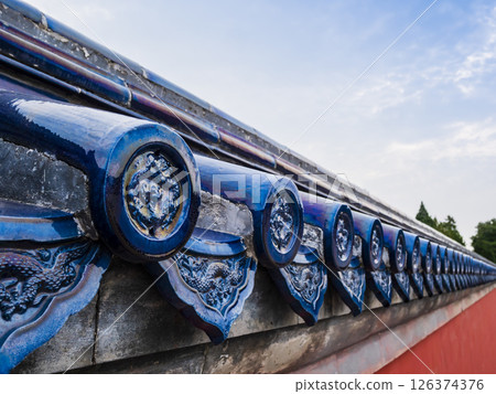 Blue glazed tiles adorning one of the surrounding wall of the Temple of Heaven, Beijing, China Blue glazed tiles adorning one of the surrounding wall of the Temple of Heaven, Beijing, China 126374376