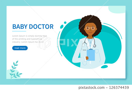 Landing page or Banner with doctor woman. Baby African doctor. Landing page or Banner with doctor woman. Baby African doctor. 126374439