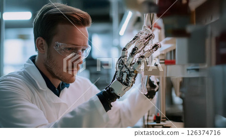 Robotics engineer calibrating a robotic prosthetic hand, showcasing advanced medical technology. Generated image 126374716