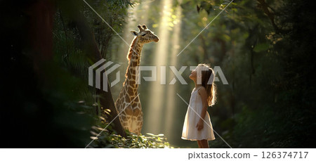 A young girl smiles in awe as she watches a graceful giraffe move through a sunlit forest. Generated image 126374717