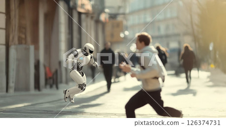 Man Running Through City Streets, Escaping a Robot Controlled by Artificial Intelligence. Generated image 126374731