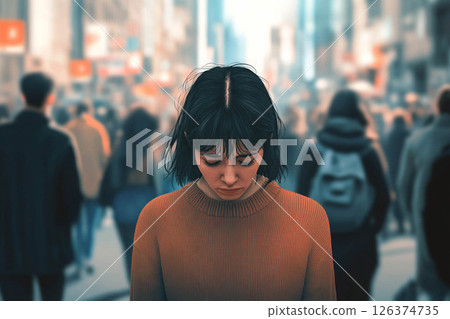 A woman experiencing a panic attack in a busy city street, surrounded by a crowd yet feeling isolated and overwhelmed. Generated image  126374735