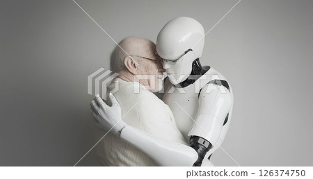 Humanoid robot assisting an elderly man by carrying him, showcasing advanced robotics in healthcare. Generated image 126374750