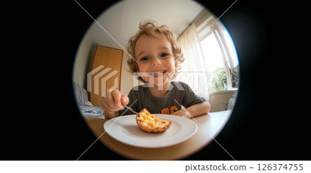 Happy child enjoying a delicious snack in natural daylight, captured with a fish eye lens. Generated image 126374755