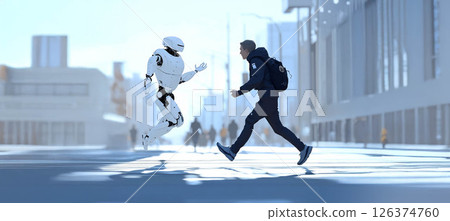 Man Running Through City Streets, Escaping a Robot Controlled by Artificial Intelligence. Generated image 126374760