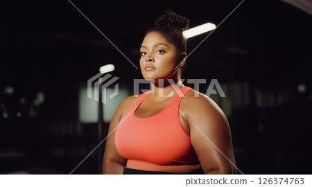 Plus size woman lifting dumbbells and training indoors at the gym, showcasing strength and determination. Generated image 126374763