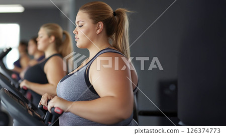 Plus size woman training with a personal trainer at the gym, working towards her fitness goals. Generated image Plus size woman training with a personal trainer at the gym, working towards her fitness goals. Generated image 126374773