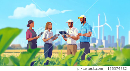 A diverse group of farmers inspecting smart farming technology in a field during autumn. Generated image 126374882