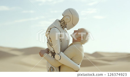 Humanoid robot assisting an elderly man by carrying him, showcasing advanced robotics in healthcare. Generated image 126374923