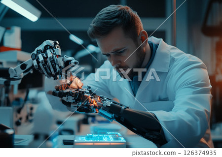 Robotics engineer calibrating a robotic prosthetic hand, showcasing advanced medical technology. Generated image Robotics engineer calibrating a robotic prosthetic hand, showcasing advanced medical technology. Generated image 126374935
