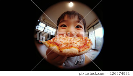 Happy child enjoying a delicious snack in natural daylight, captured with a fish eye lens. Generated image 126374951