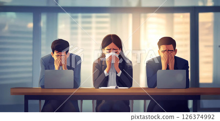 Sick businesswoman coughing at a seminar while colleagues fear the coronavirus and hide.. Generated image 126374992