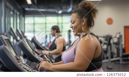Plus size woman lifting dumbbells and training indoors at the gym, showcasing strength and determination. Generated image 126375012