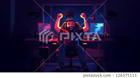 Young Gamer Celebrating Victory with a Joyful Victory Pose.Generated image Young Gamer Celebrating Victory with a Joyful Victory Pose.Generated image 126375113