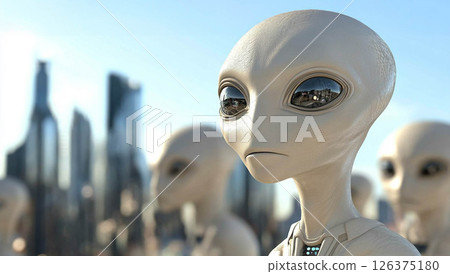 Aliens Arrive in 2080, Becoming an Integrated and Modern Part of City Life and Human Friendship. Generated image Aliens Arrive in 2080, Becoming an Integrated and Modern Part of City Life and Human Friendship. Generated image 126375180