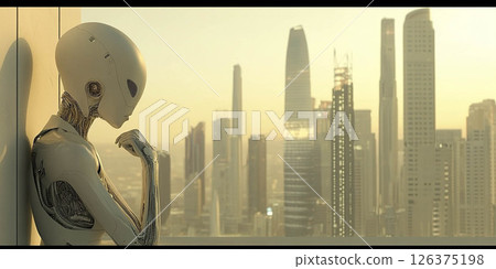Aliens Arrive in 2080, Becoming an Integrated and Modern Part of City Life and Human Friendship. Generated image 126375198
