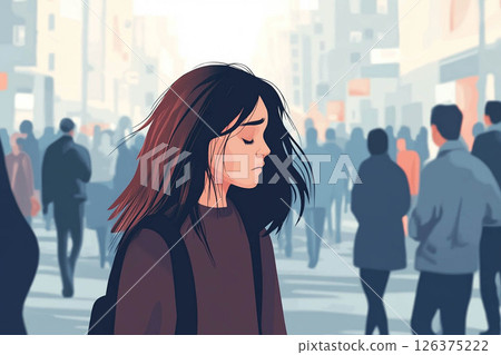 A woman experiencing a panic attack in a busy city street, surrounded by a crowd yet feeling isolated and overwhelmed. Generated image  126375222