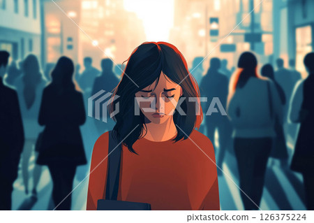 A woman experiencing a panic attack in a busy city street, surrounded by a crowd yet feeling isolated and overwhelmed. Generated image  126375224