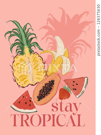 Vector berry poster of papaya, banana and pineapple. Hand-drawn garden harvest sketch. Tasty food illustration for restaurant and cafe interior, fruit market drawing print, fabric or background. 126375630