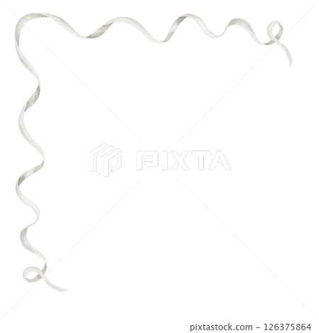 Watercolor illustration of a swirling white Ribbon in soft pastel white tones. Drawing of tape for Baby shower greeting card or wedding invitations. Art of delicate border for announcement. 126375864